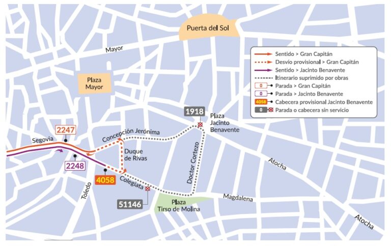 Autobús circulando por plaza Jacinto Benavente en Madrid