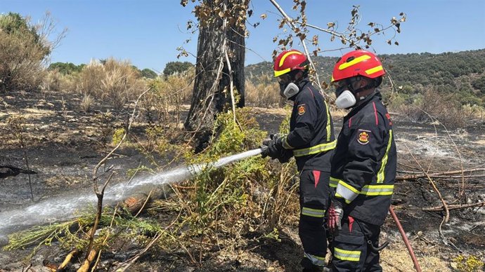 Medios aéreos y terrestres vigilando incendio en Sierra Oeste Madrid
