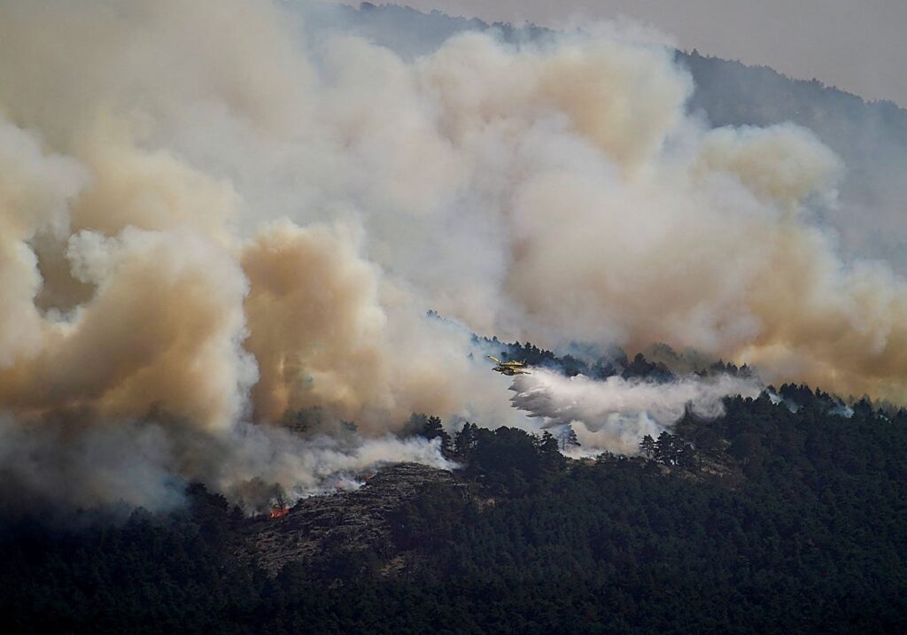 Vista aérea de la zona afectada por el incendio de La Mierla en la Sierra Norte de Guadalajara