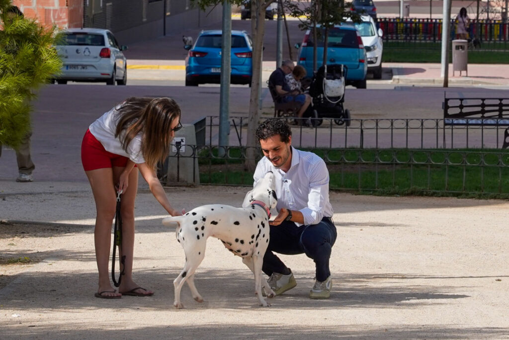 Una mujer agachada acaricia a un perro dálmata mientras un hombre sonríe y se aproxima al animal en un parque de Torrejón de