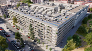 Edificio de apartamentos de alquiler en Getafe con diseño moderno, rodeado de árboles y vehículos aparcados.