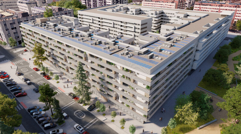 Edificio de apartamentos de alquiler en Getafe con diseño moderno, rodeado de árboles y vehículos aparcados.