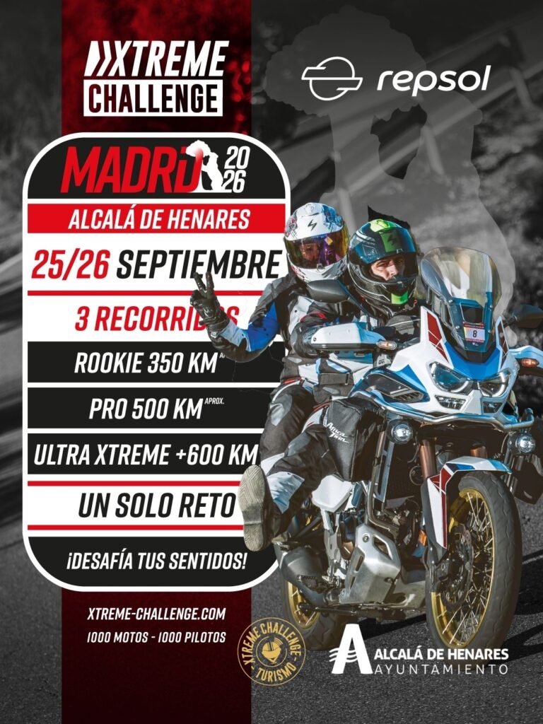 Imagen promocional de la Xtreme Challenge con motoristas en motos, detalles del evento y logotipos de patrocinadores. Alcalá