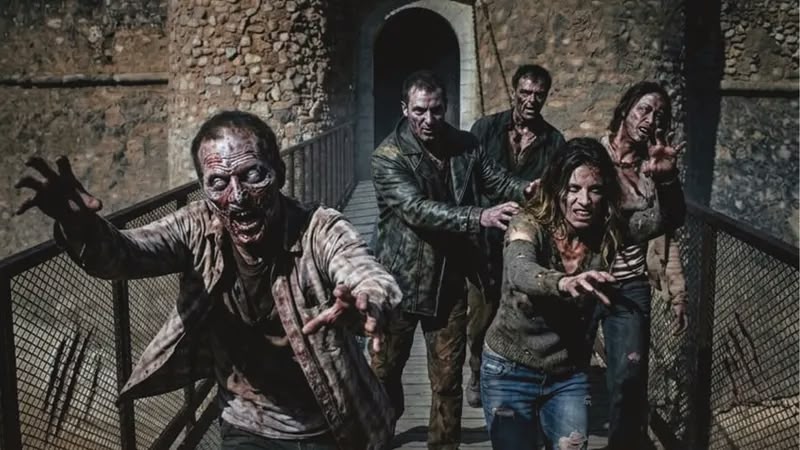 Grupo de personas disfrazadas de zombis, con ropa desgastada y aspecto aterrador, caminando sobre una pasarela de metal.