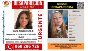 Carteles de búsqueda de dos menores desaparecidas, con fotos y datos de contacto, sobre fondo rojo y negro.