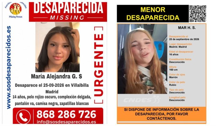 Carteles de búsqueda de dos menores desaparecidas, con fotos y datos de contacto, sobre fondo rojo y negro.