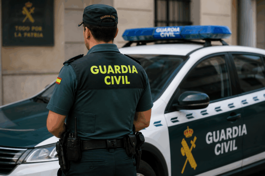 Un agente de la Guardia Civil de espaldas, vistiendo uniforme verde con la inscripción 'GUARDIA CIVIL', se encuentra junto a